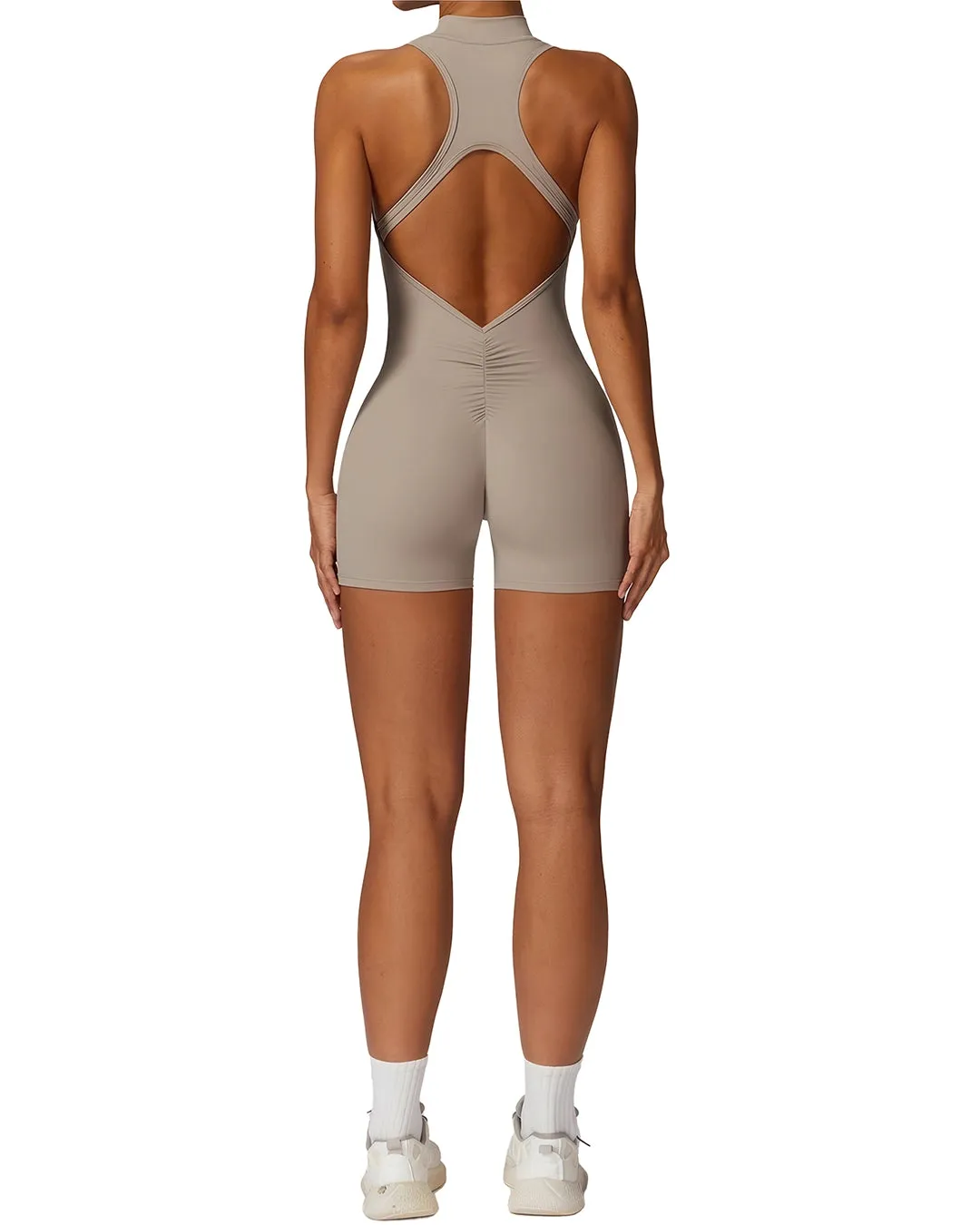 Activewear Bodysuit with Zipper - Light Beige