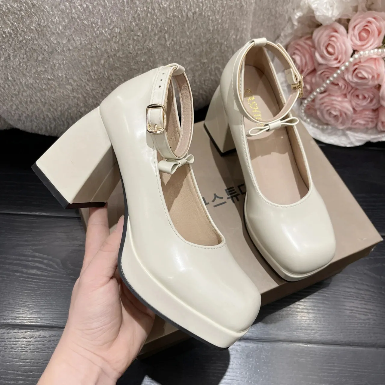 Advbridge -  New Black Ankle Strap Platform Pumps Women Pu Leather Square Toe Mary Jane Shoes Woman Goth Thick High Heels Shoes Ladies