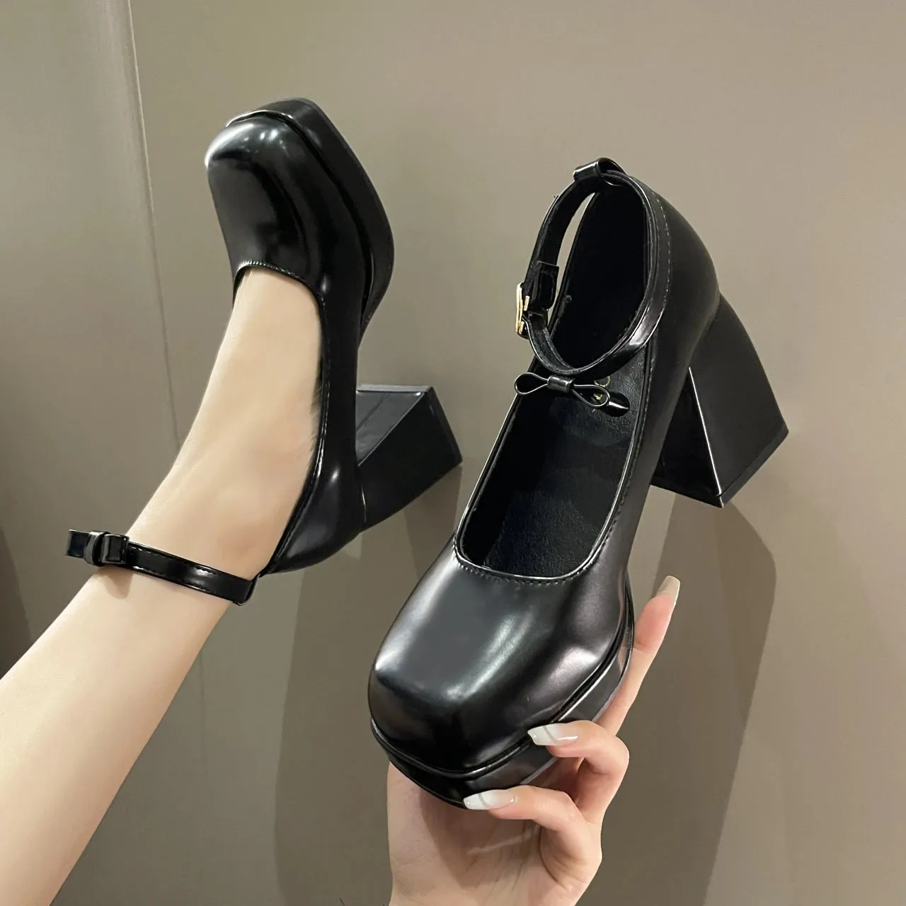 Advbridge -  New Black Ankle Strap Platform Pumps Women Pu Leather Square Toe Mary Jane Shoes Woman Goth Thick High Heels Shoes Ladies