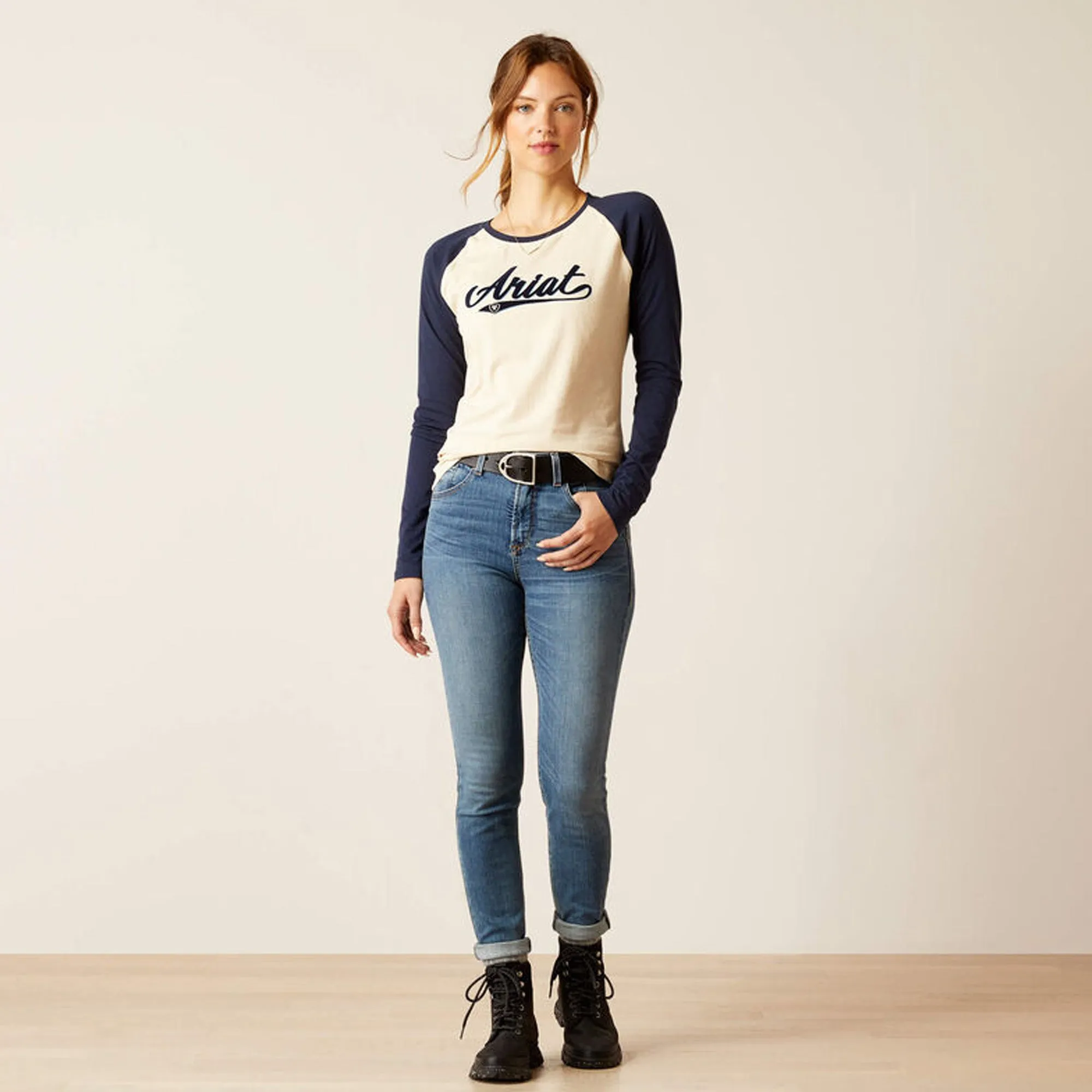 Ariat Ladies Starter Long Sleeve T-Shirt - Oatmeal Heather/Navy