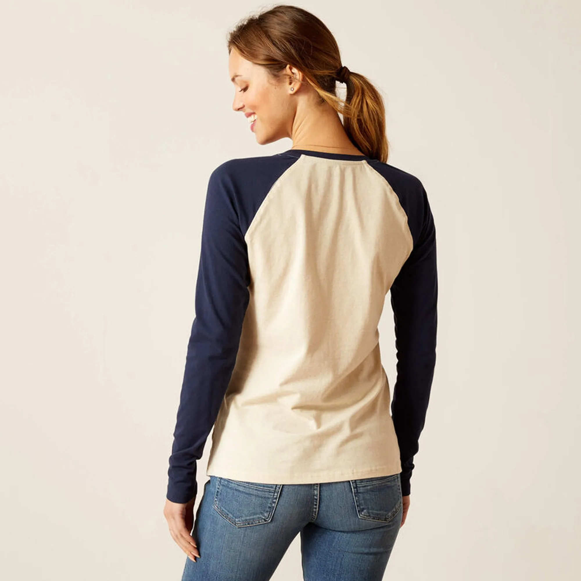 Ariat Ladies Starter Long Sleeve T-Shirt - Oatmeal Heather/Navy