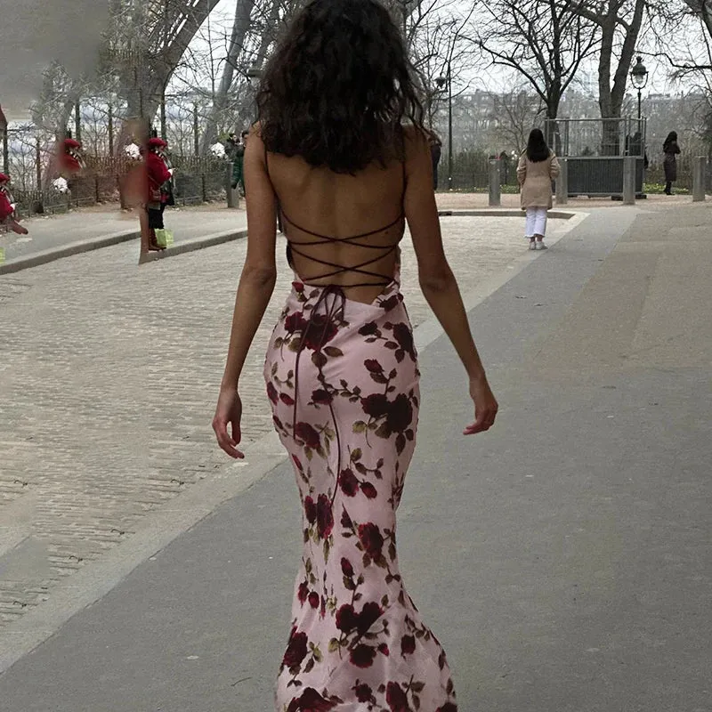 Backless Rose Print Holiday Slim Fit Strap Maxi Sexy Dress