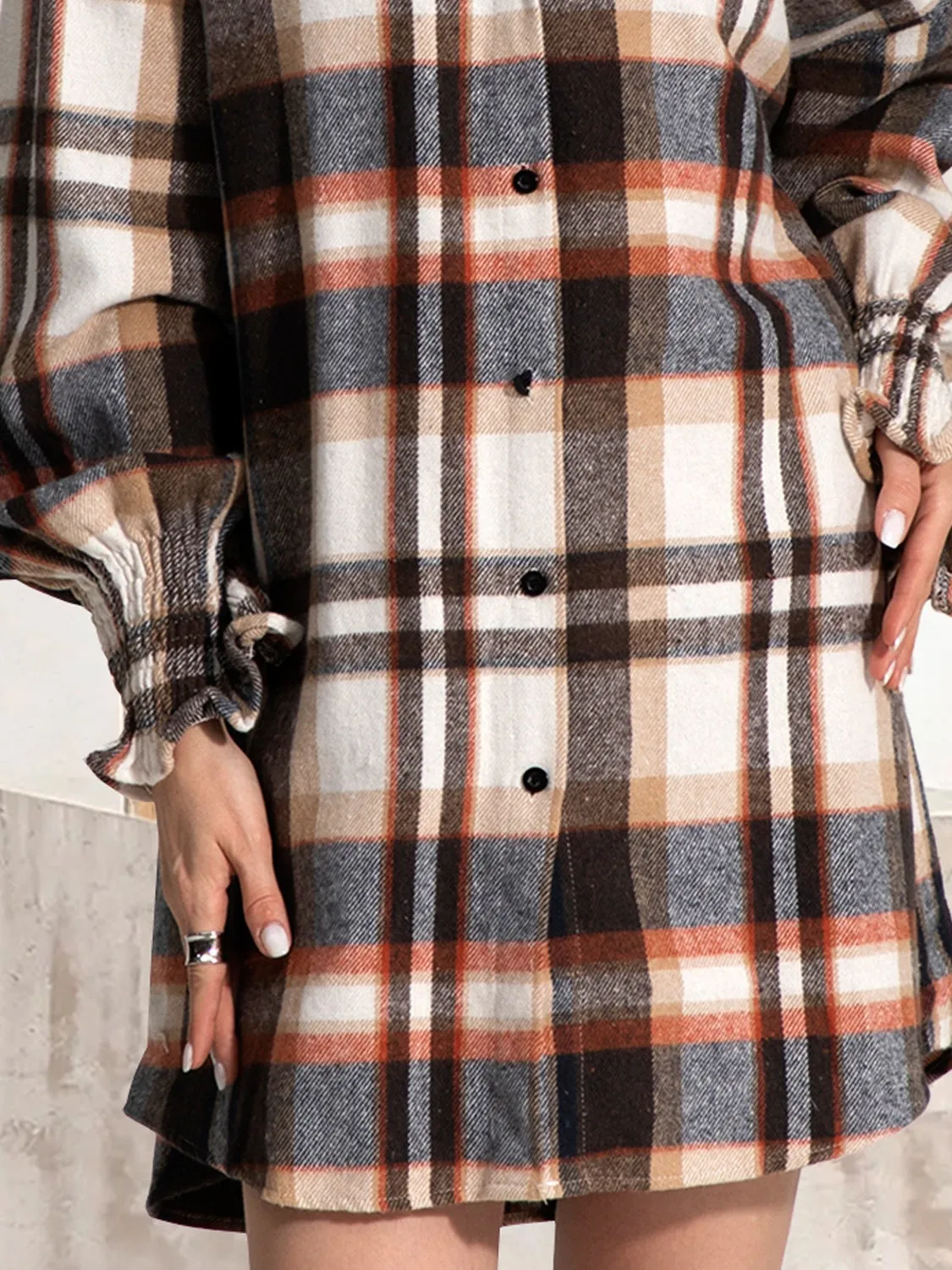 Button Up Plaid Long Sleeve Shirt Dress