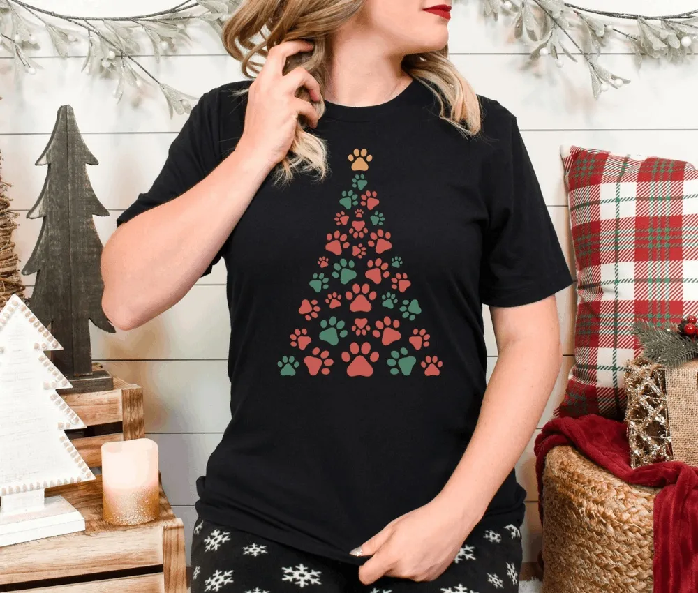 Christmas Tree with Dog Paws Unisex Bella Canvas 3001 T-Shirt