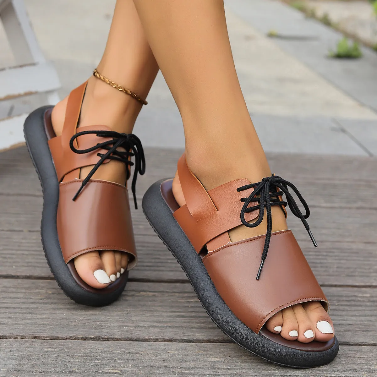 Color-block Lace-up Roman Sandals For Women Summer New Fashion Flat Fish Mouth Beach Shoes