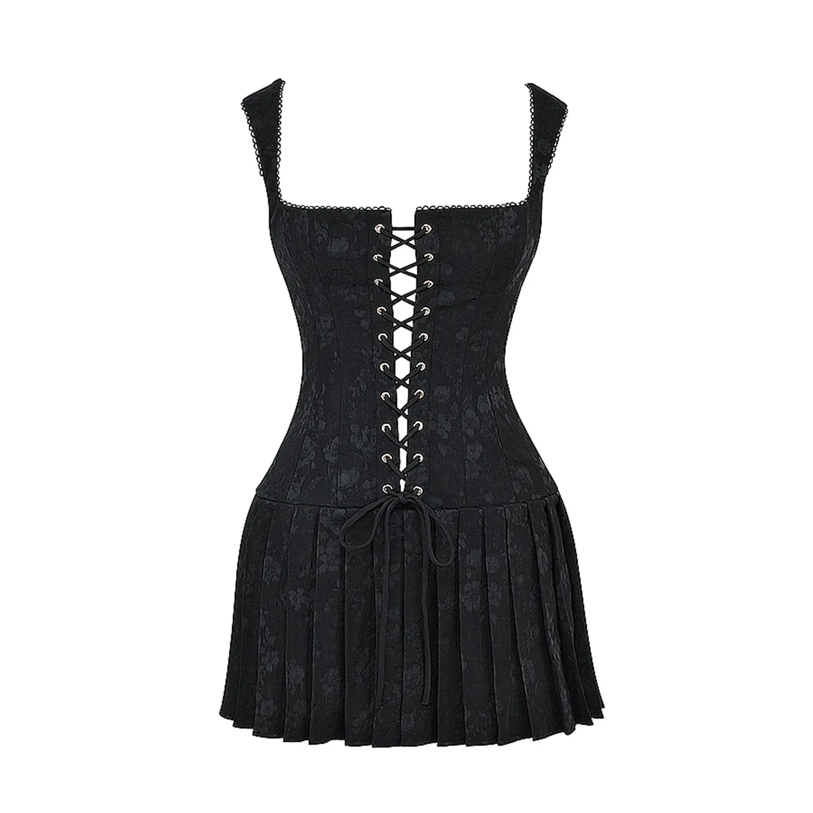 Corset Short Sleeveless Cross Tie-up Front Jacquard Pleated Mini Clubwear Summer Sexy Dress