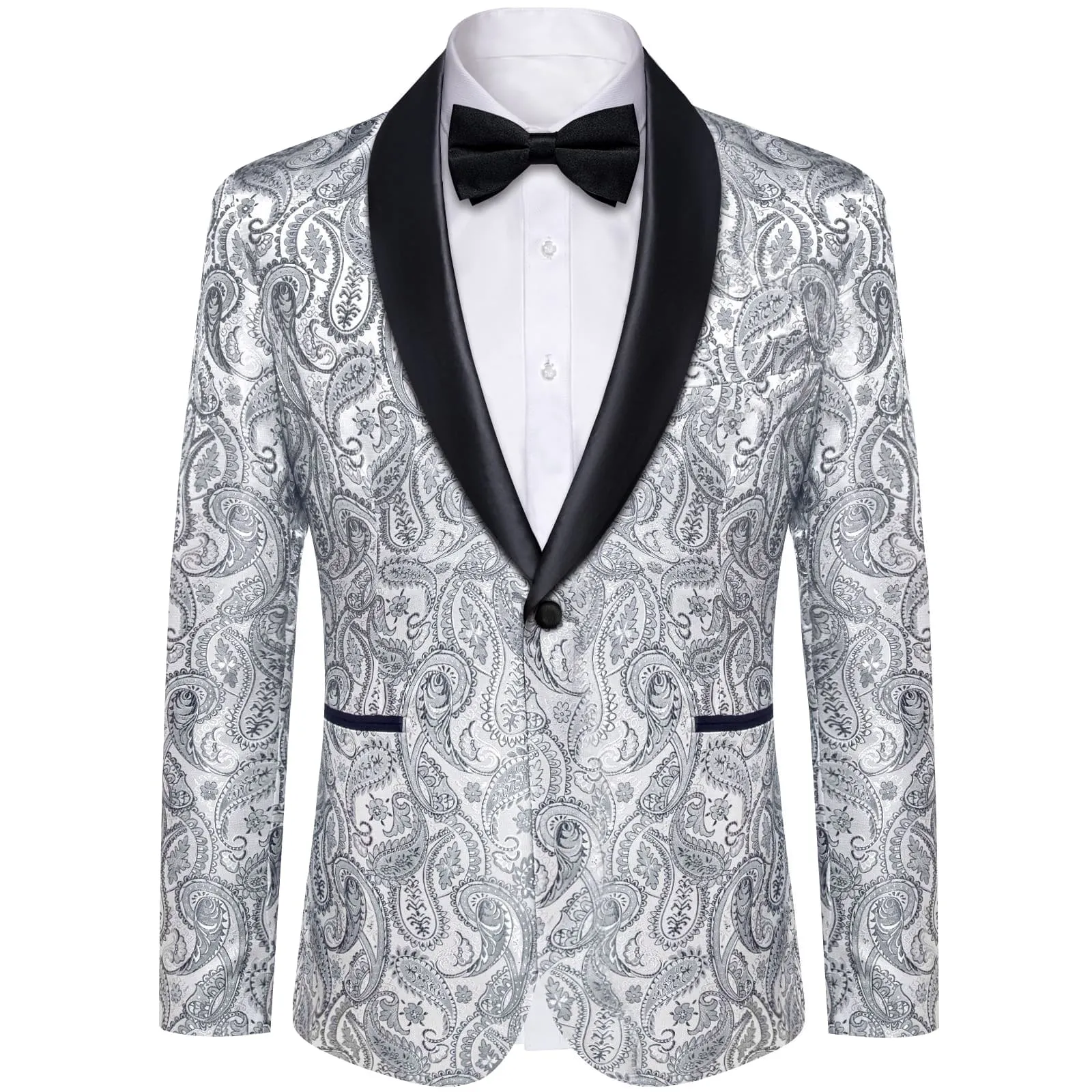 DiBanGu Shawl Collar Suit Silver Grey Paisley Silk Mens One Button Slim Fit Suit