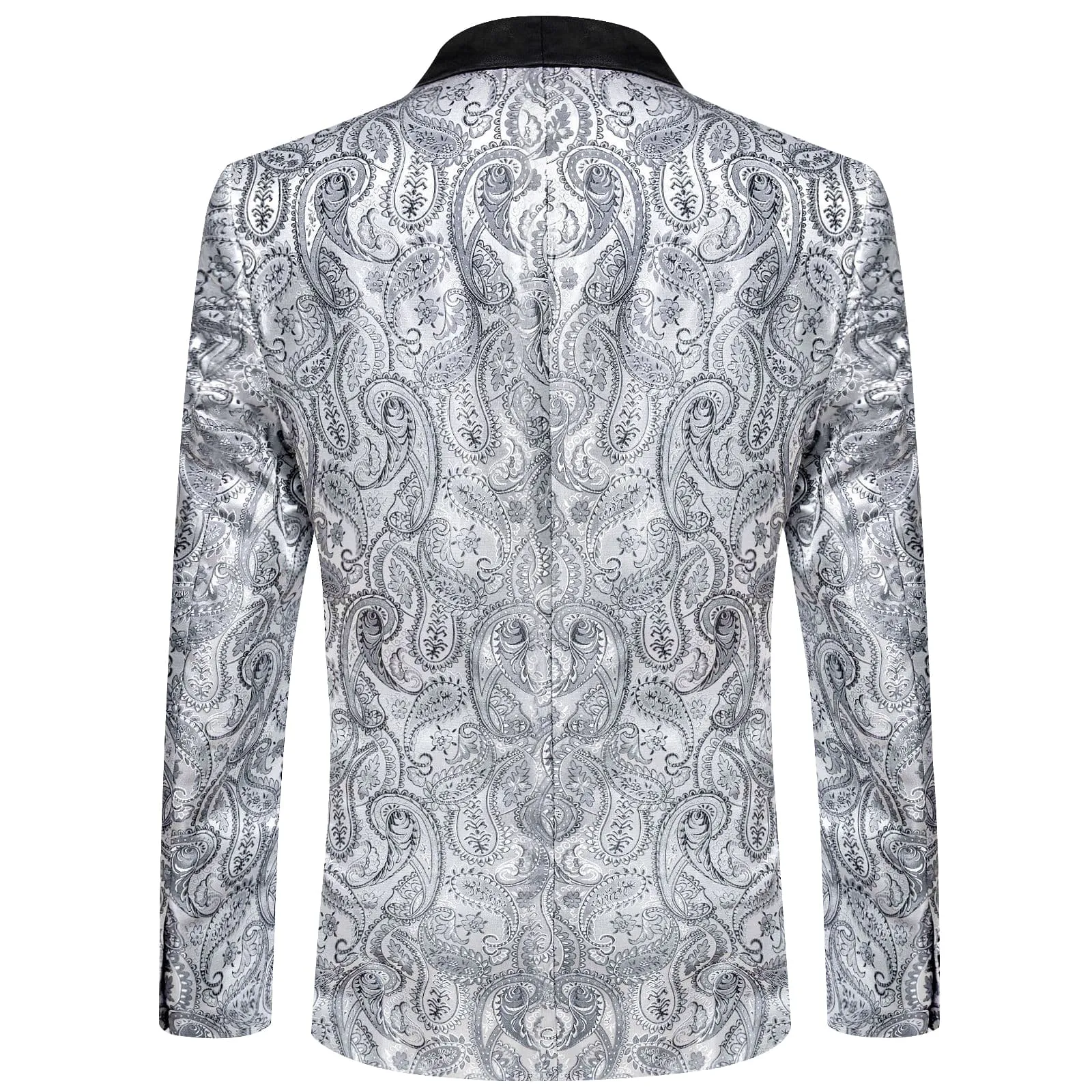 DiBanGu Shawl Collar Suit Silver Grey Paisley Silk Mens One Button Slim Fit Suit