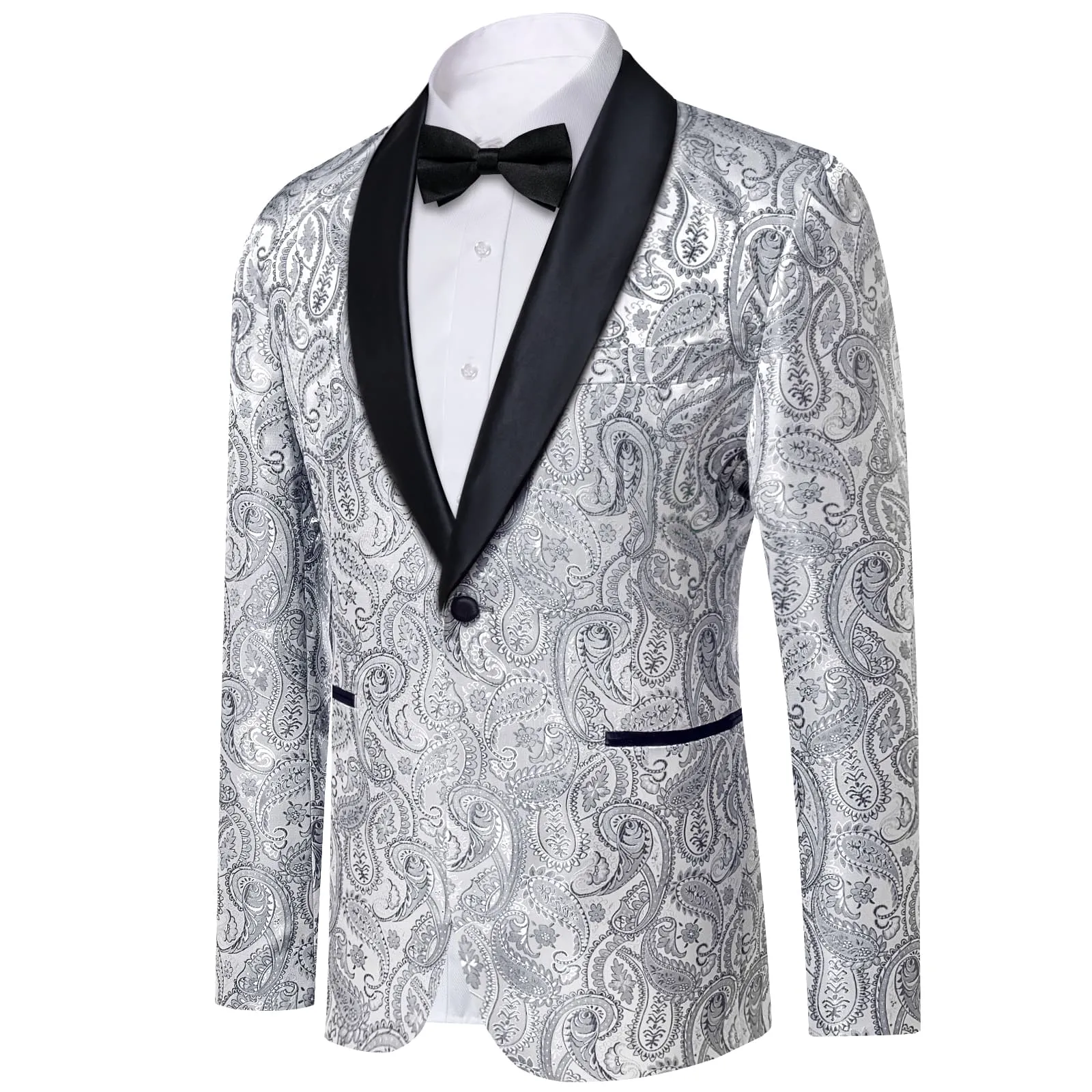 DiBanGu Shawl Collar Suit Silver Grey Paisley Silk Mens One Button Slim Fit Suit