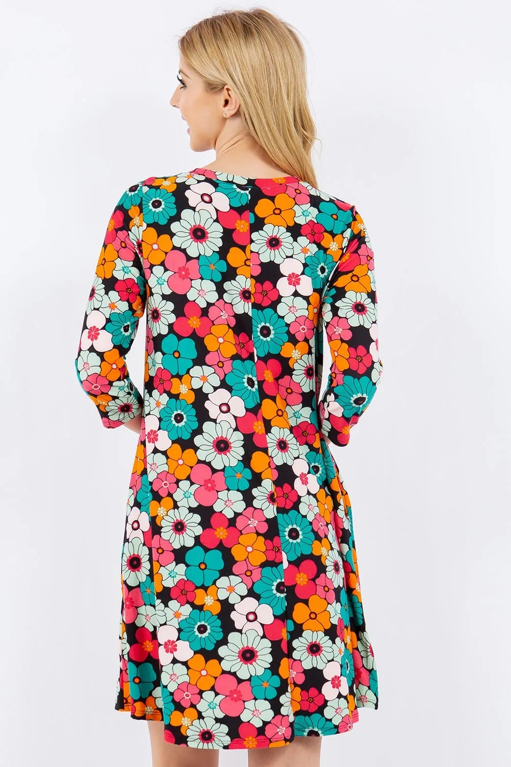 Floral Three-Quarter Sleeve Dress with Pockets