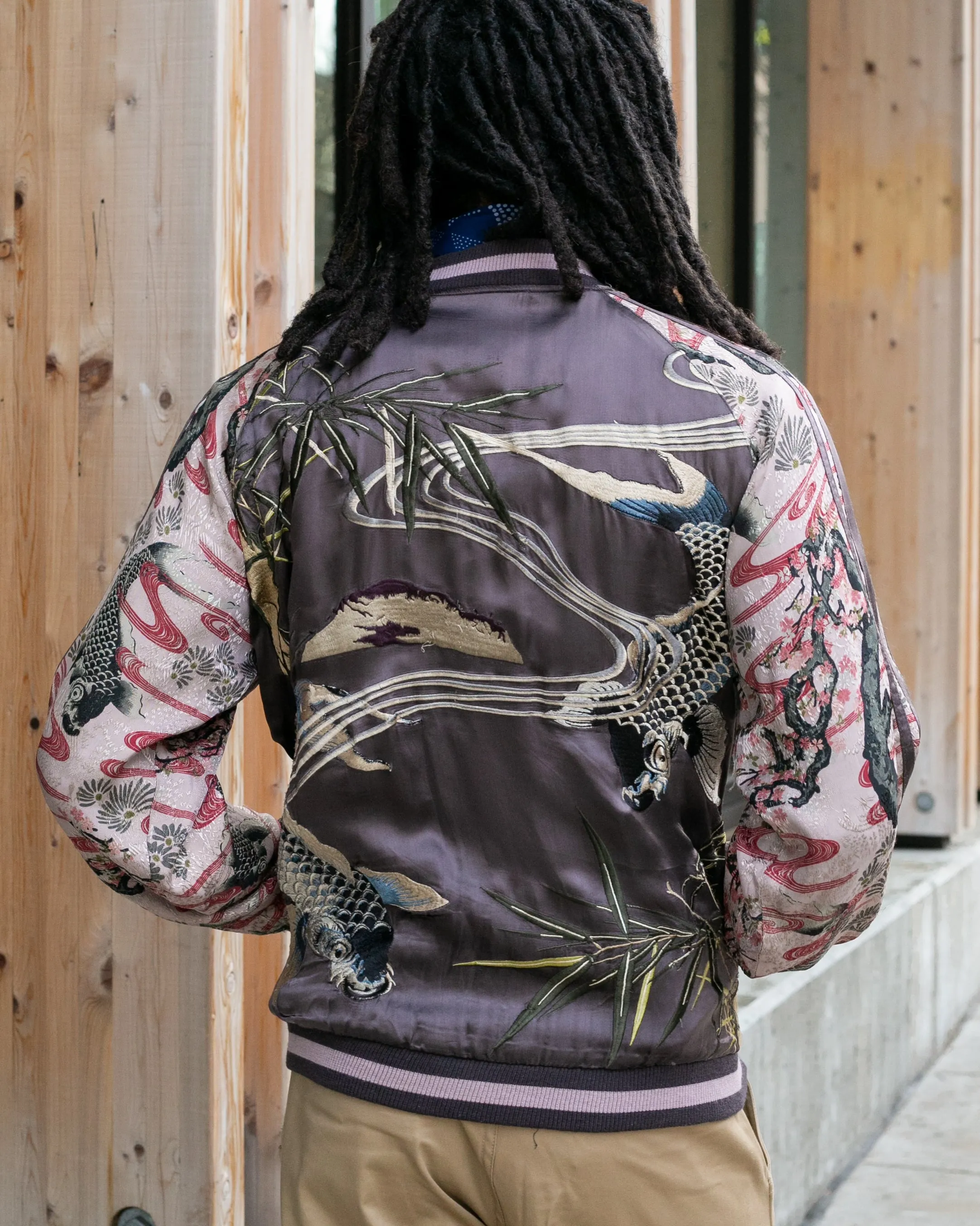 Japanese Repro Souvenir Jacket, Reversible, Purple with Goldfish and Cherry Blossoms