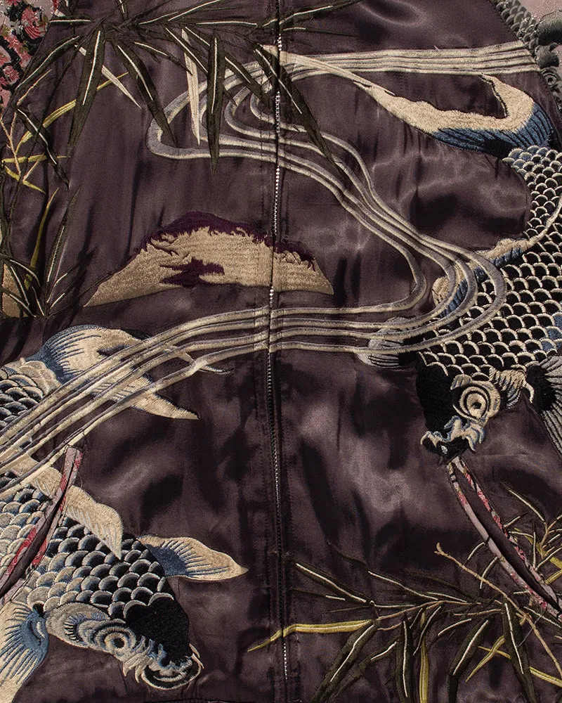 Japanese Repro Souvenir Jacket, Reversible, Purple with Goldfish and Cherry Blossoms