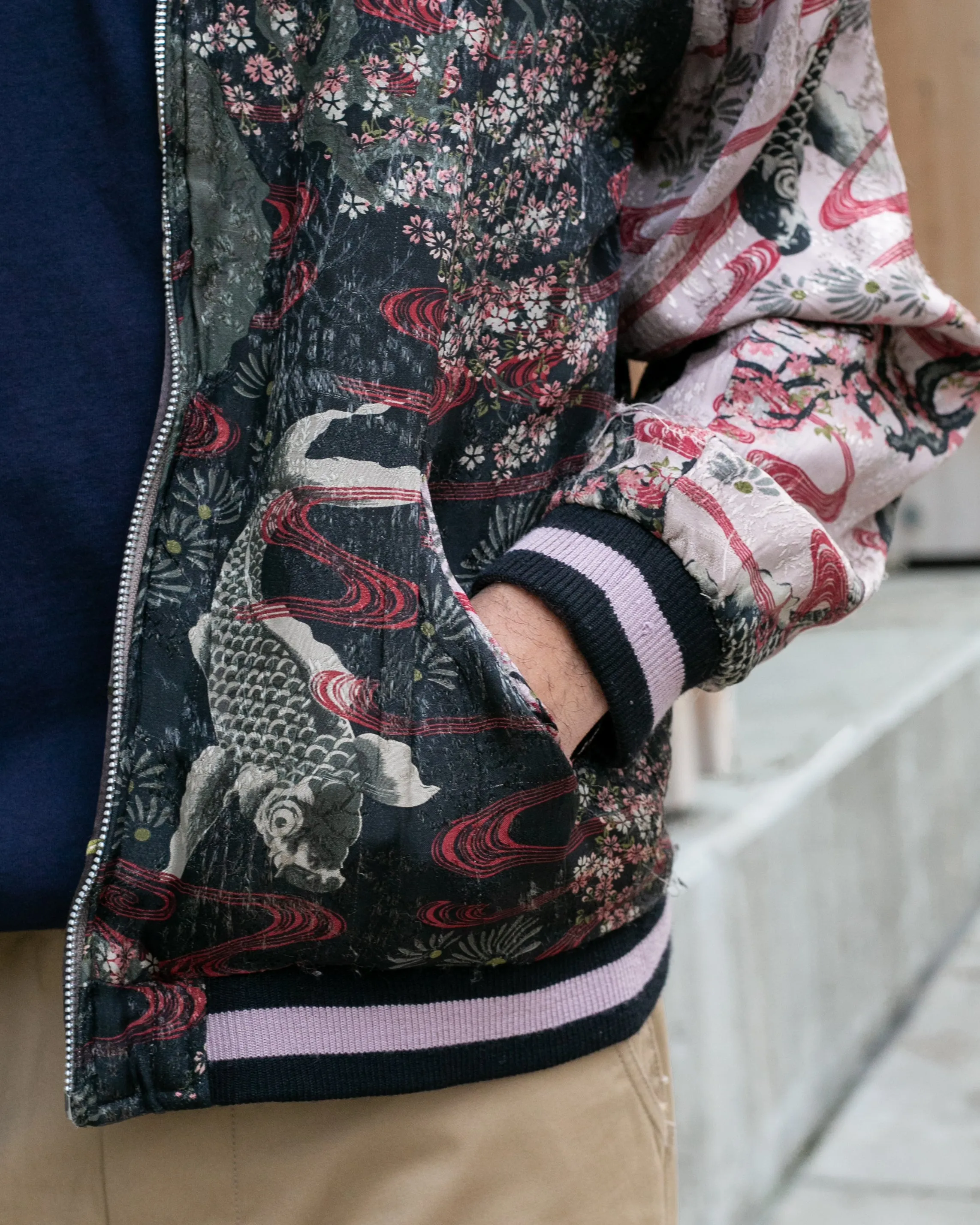 Japanese Repro Souvenir Jacket, Reversible, Purple with Goldfish and Cherry Blossoms