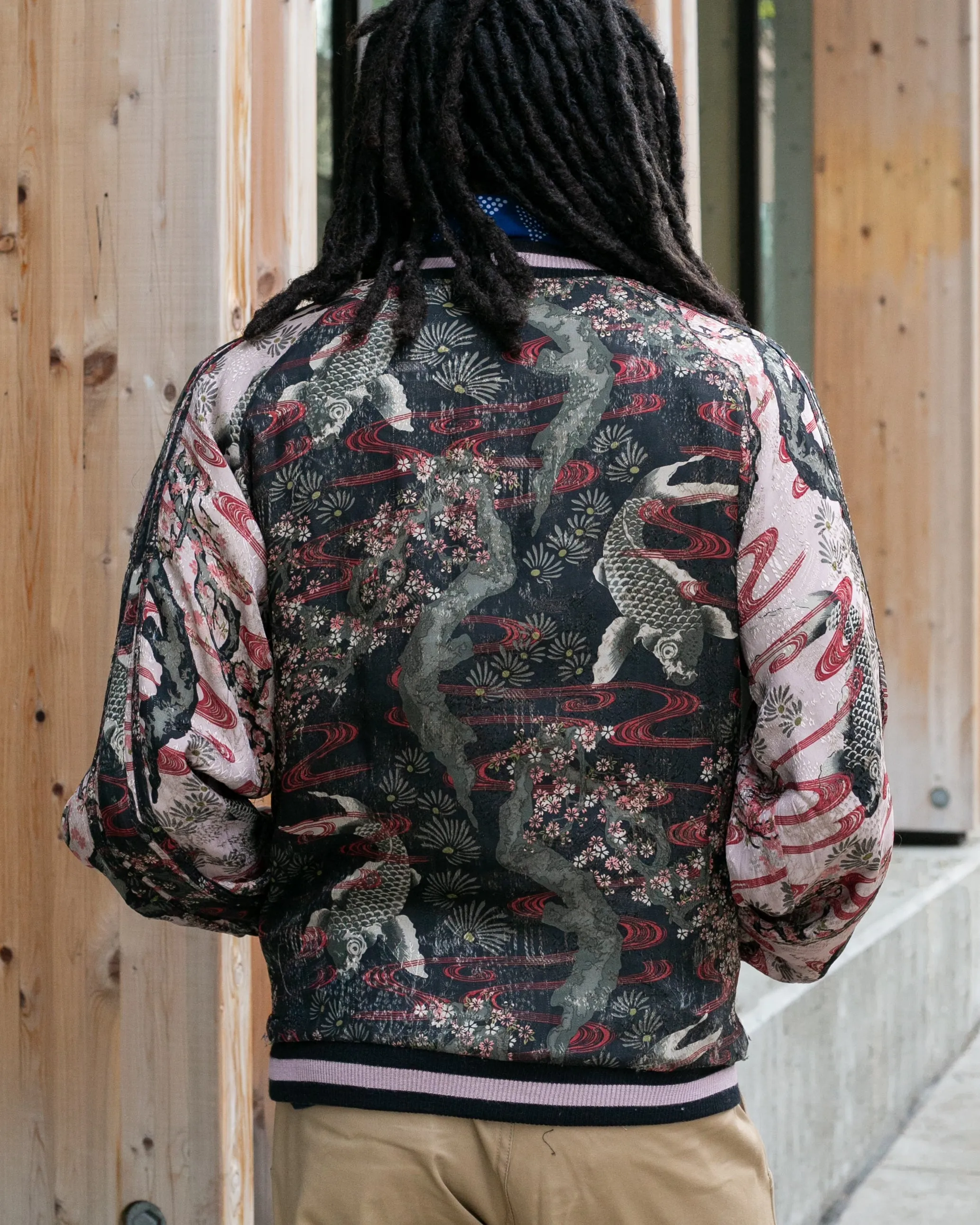 Japanese Repro Souvenir Jacket, Reversible, Purple with Goldfish and Cherry Blossoms