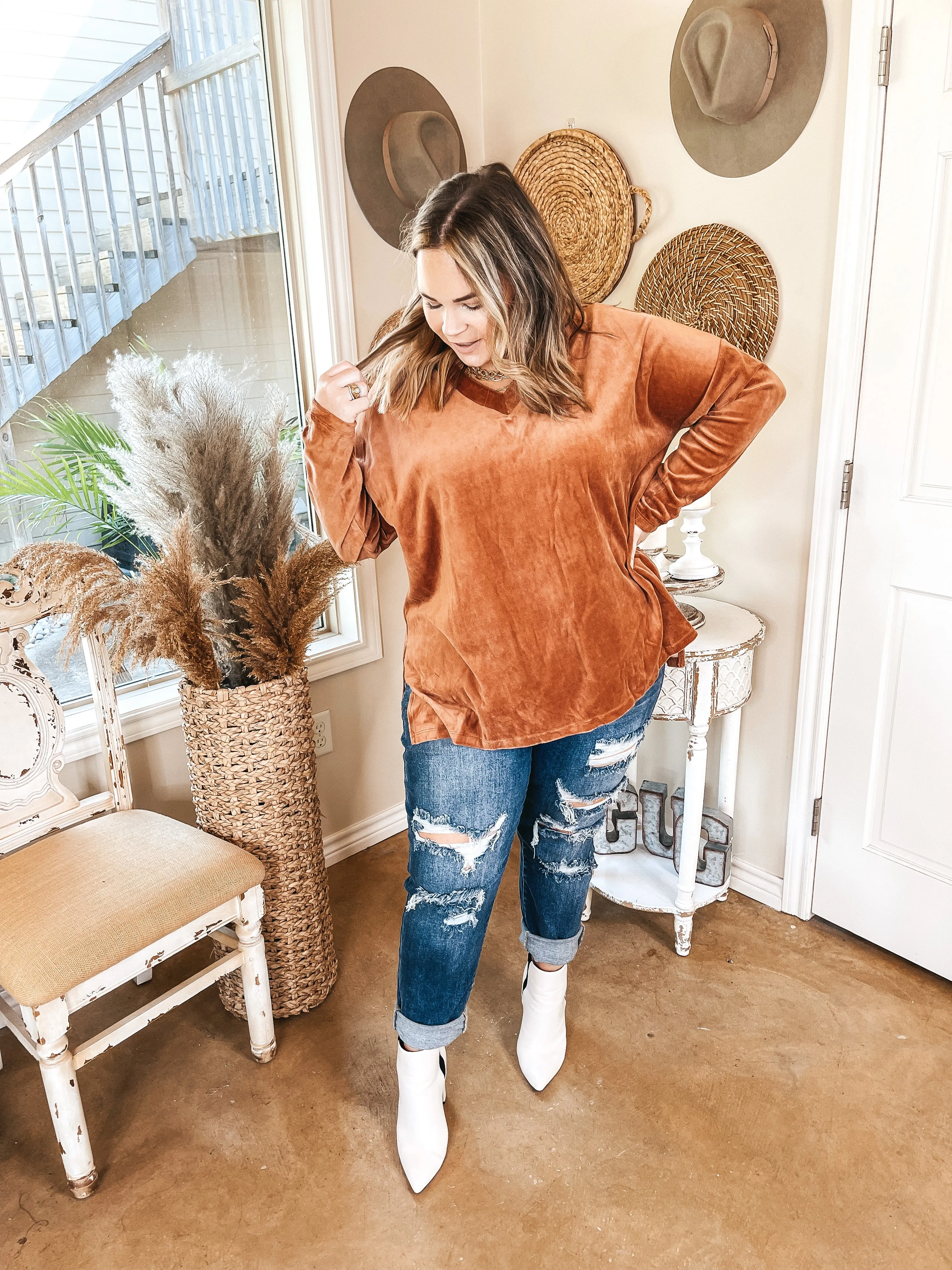 Last Chance Size Medium | Just What I Need V Neck Long Sleeve Velvet Top in Rust Brown