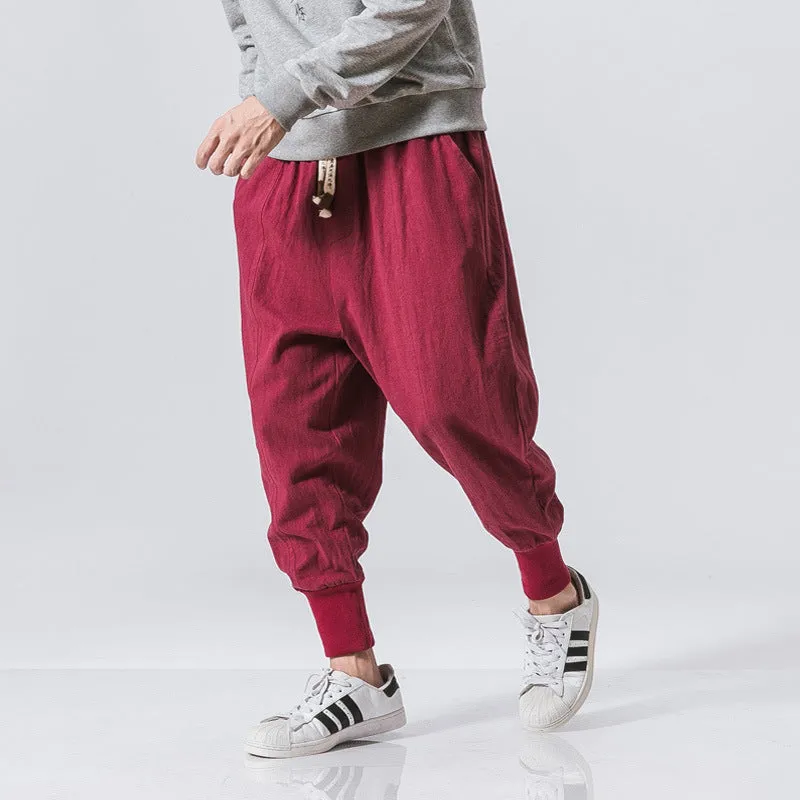 Men Linen Drop Crotch Wide Leg Baggy Harem Pants