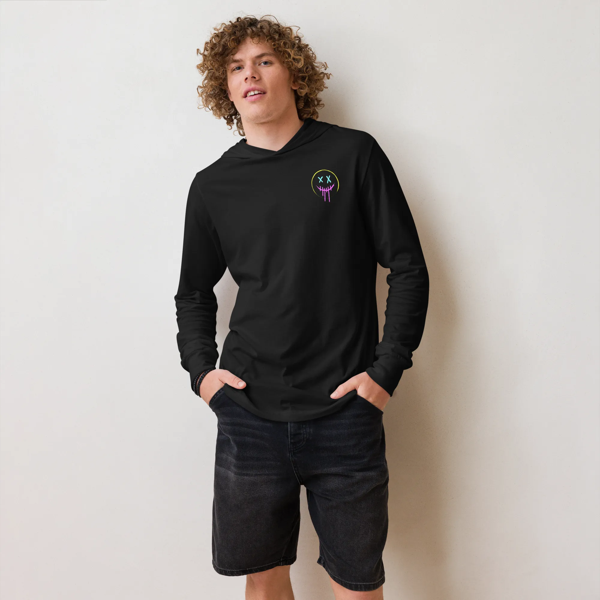 Men's Graffiti Graphic Black Hooded Long Sleeve Tee