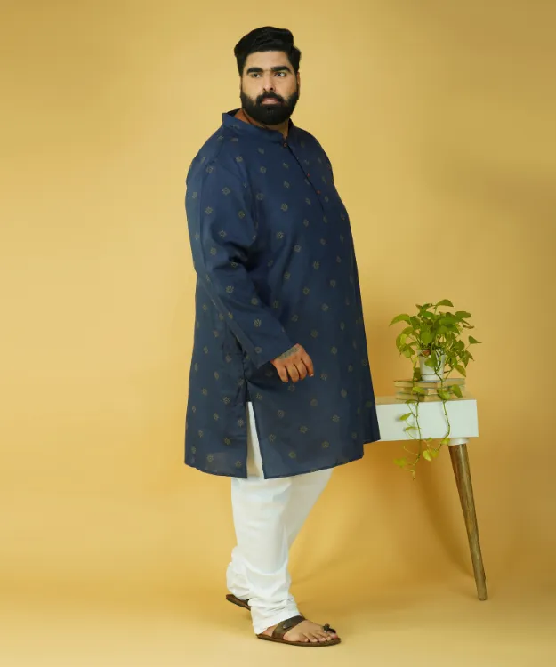 Navy Blue Textured Straight Cotton Kurta Set