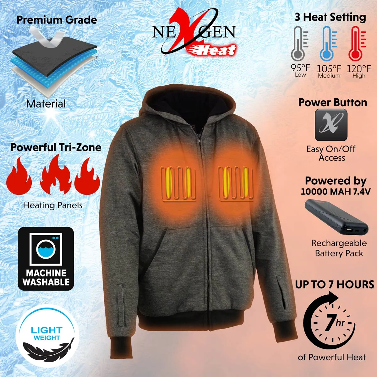 Nexgen Heat NXM1717DUAL Technology Men's “Fiery’’ Heated Hoodie - Grey Sweatshirt Jacket for Winter w/ Battery Pack