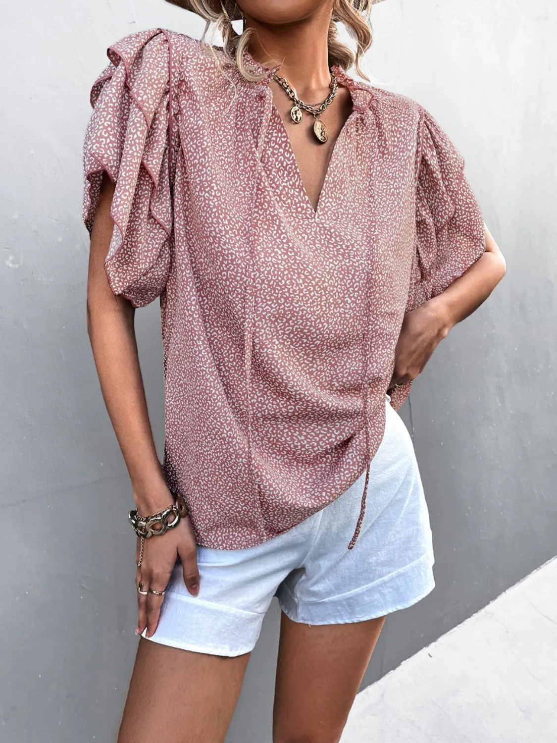 Printed Flutter Sleeve V-Neck Top, 3 Colors