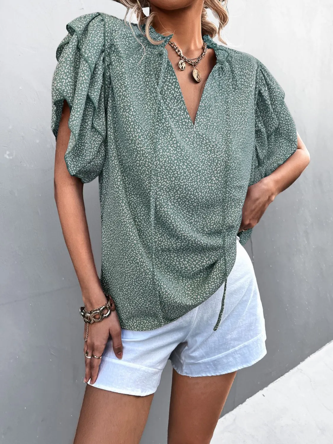 Printed Flutter Sleeve V-Neck Top, 3 Colors