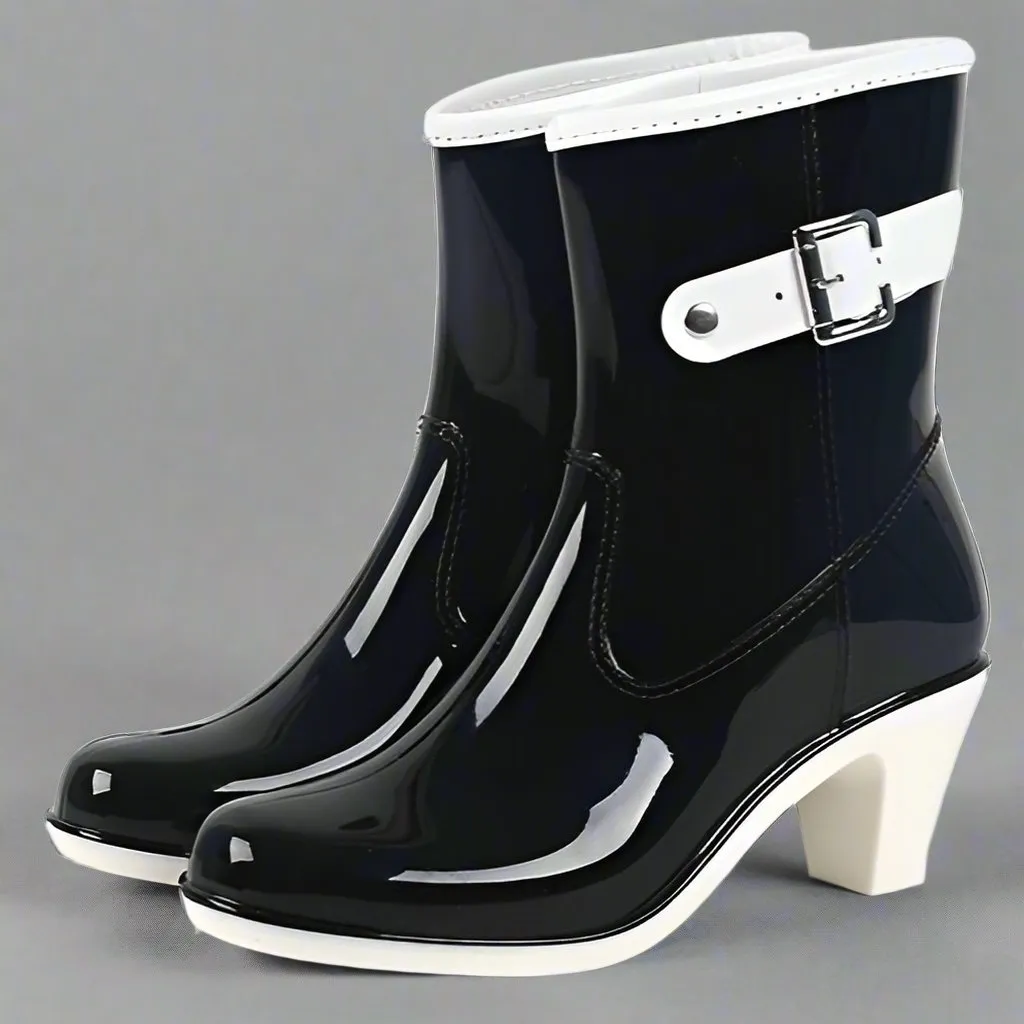 Rain Boots Buckle Ladies Rain Boots High Heel Waterproof Ankle Rubber