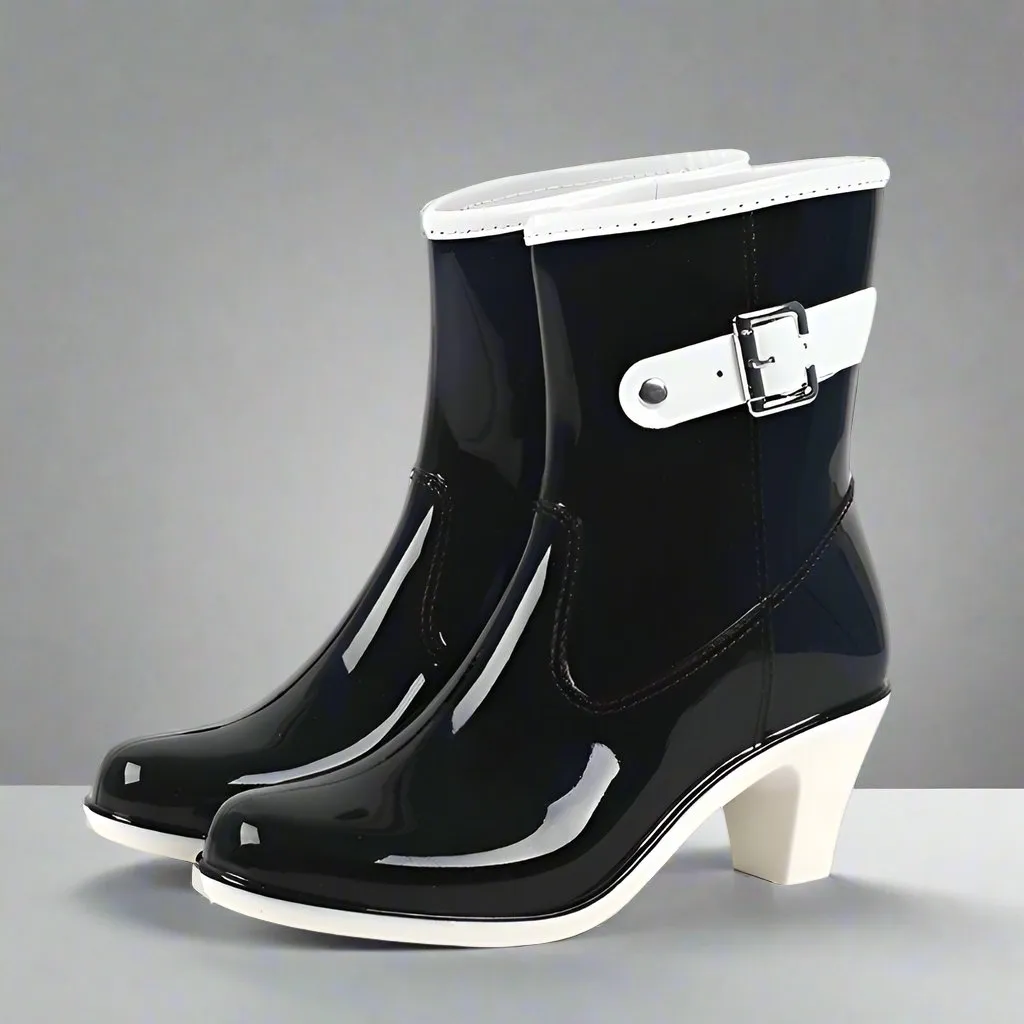 Rain Boots Buckle Ladies Rain Boots High Heel Waterproof Ankle Rubber