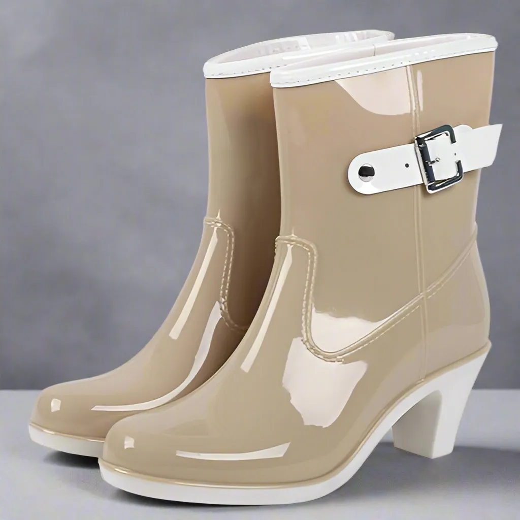 Rain Boots Buckle Ladies Rain Boots High Heel Waterproof Ankle Rubber