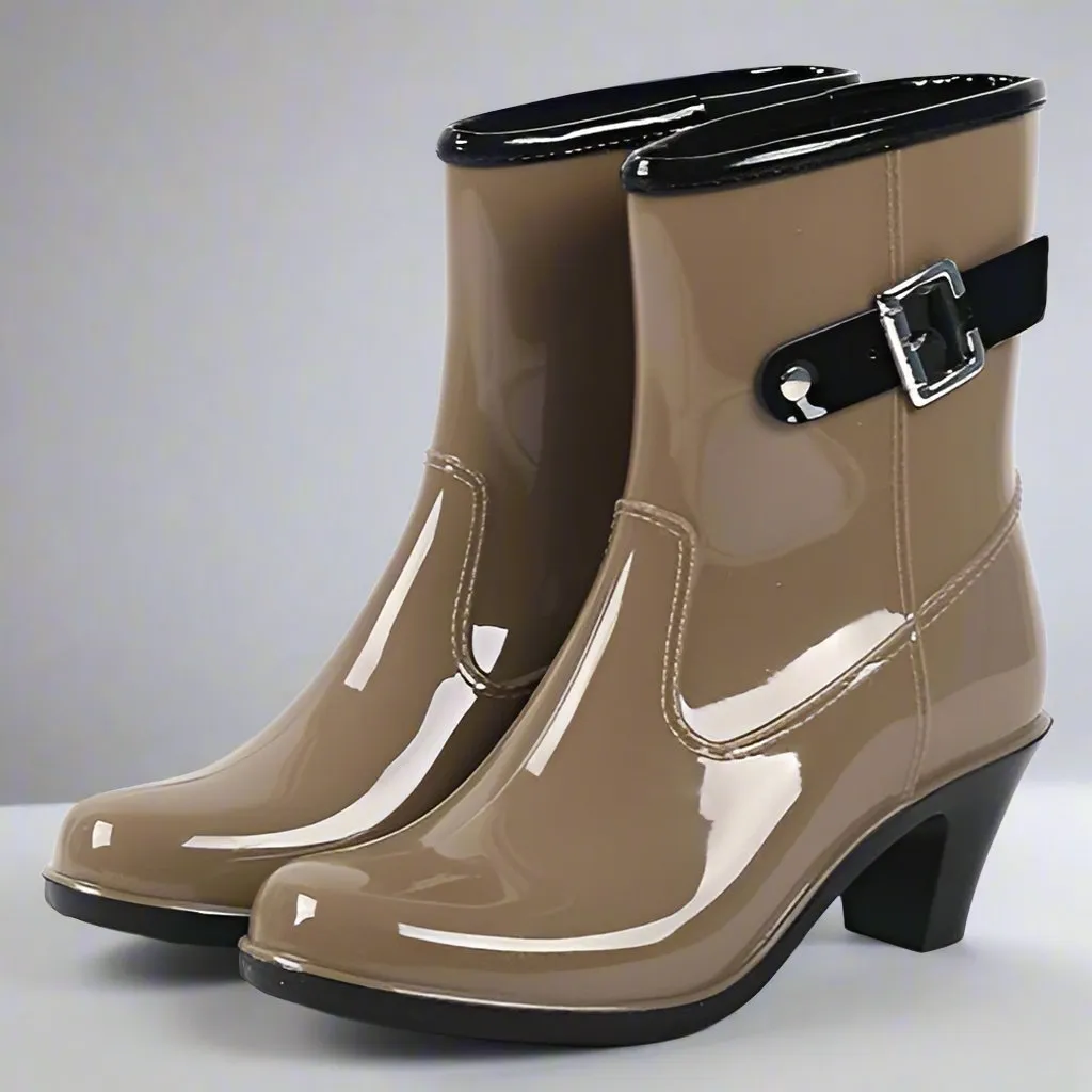 Rain Boots Buckle Ladies Rain Boots High Heel Waterproof Ankle Rubber