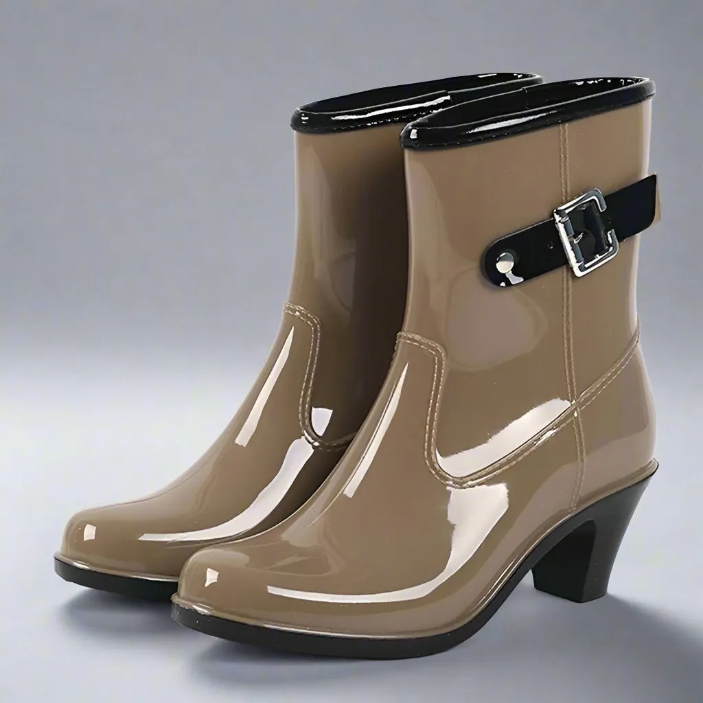 Rain Boots Buckle Ladies Rain Boots High Heel Waterproof Ankle Rubber