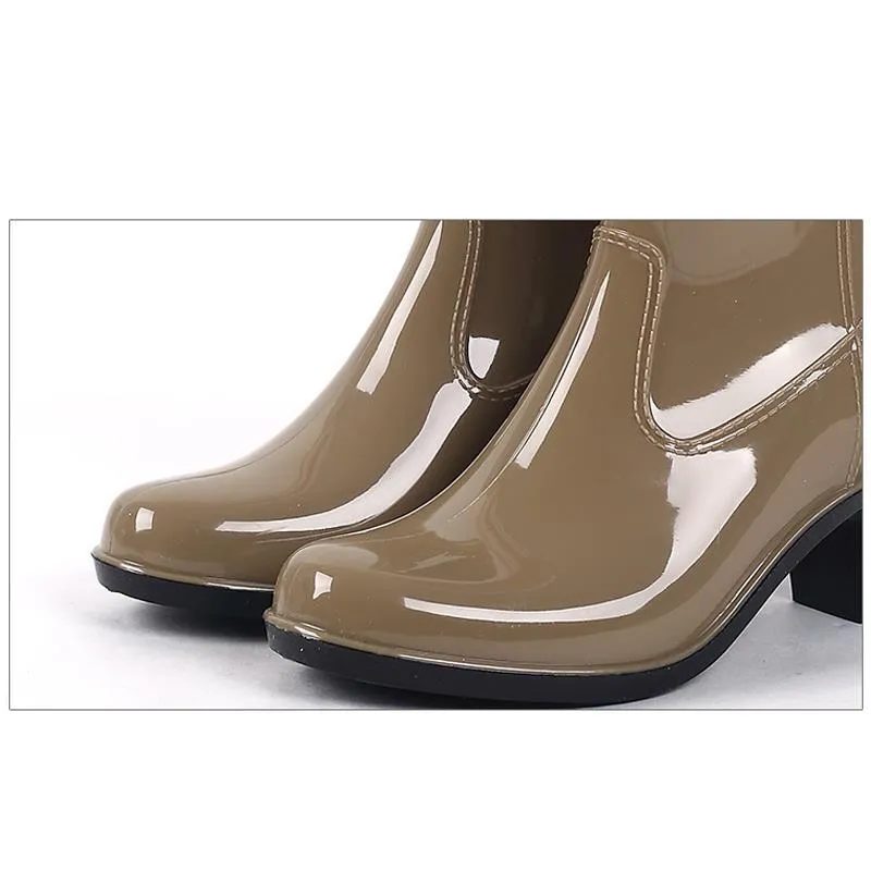 Rain Boots Buckle Ladies Rain Boots High Heel Waterproof Ankle Rubber