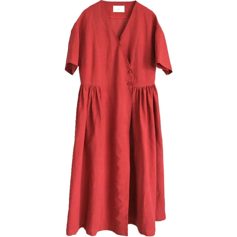 Red Loose Style Linen Women  Dresses CH90423