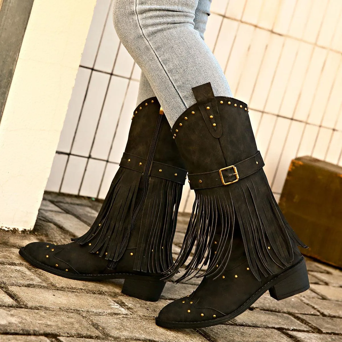 Retro Tassel Boots With Rivet Strap Buckle Design Shoes For Women Winter Footwear Fashion Mid-calf Square Heel Knight Western Boots