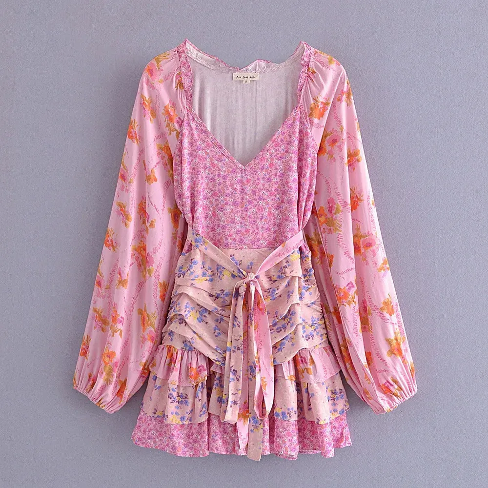 Ruffle Patchwork Belted Mini Sun V Neck Long Sleeve Boho Dress