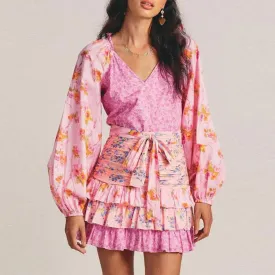 Ruffle Patchwork Belted Mini Sun V Neck Long Sleeve Boho Dress