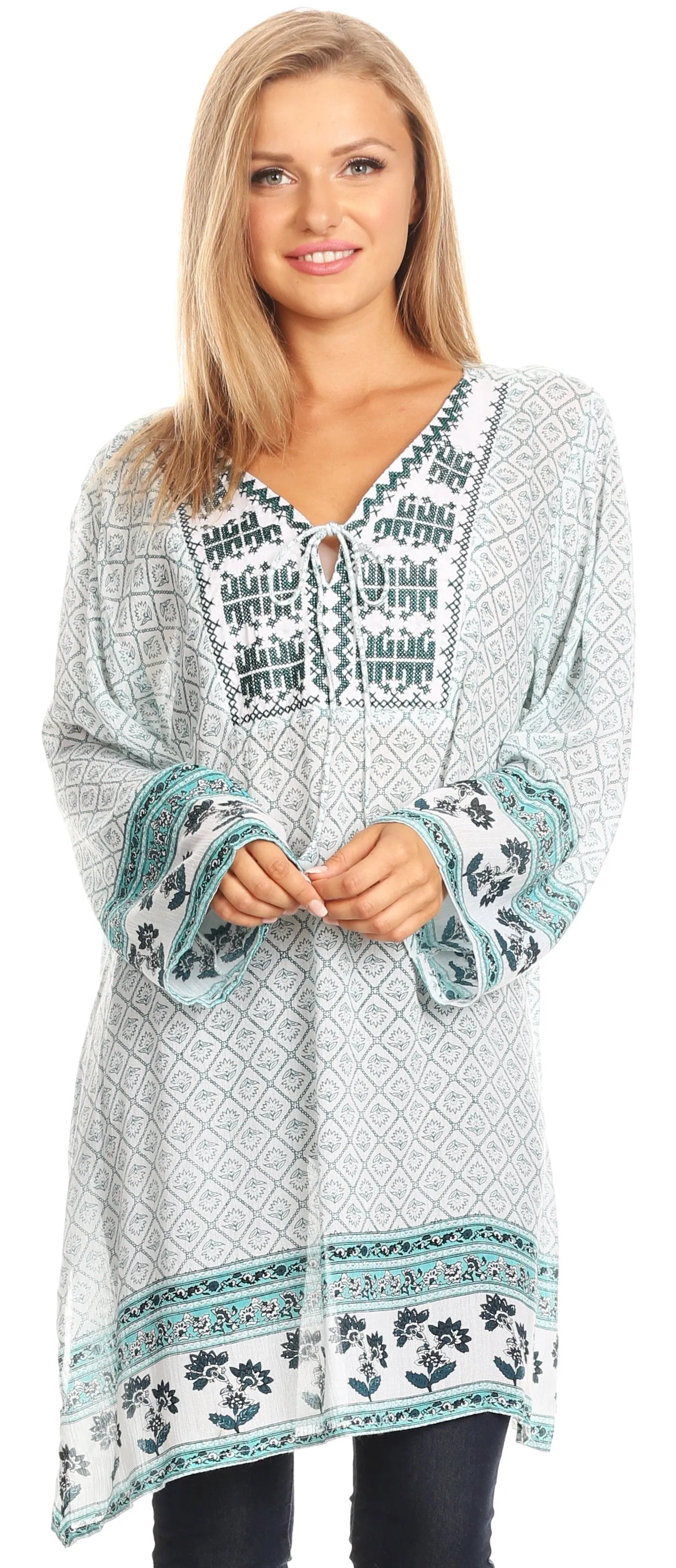 Sakkas Dalila Soft Crinckle Damask Printed Rayon Tunic Blouse with Embroidery