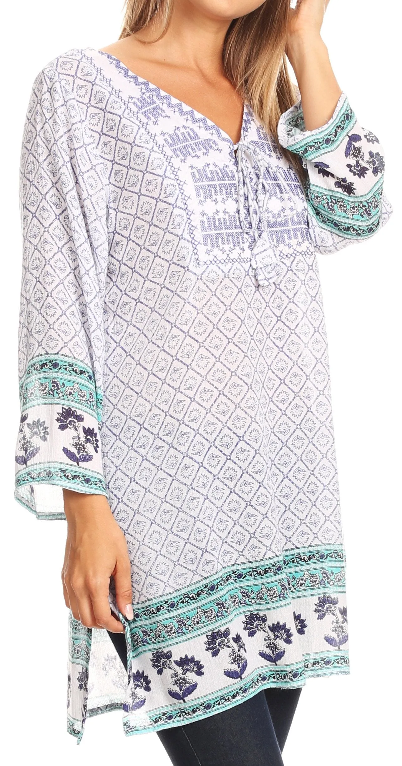 Sakkas Dalila Soft Crinckle Damask Printed Rayon Tunic Blouse with Embroidery