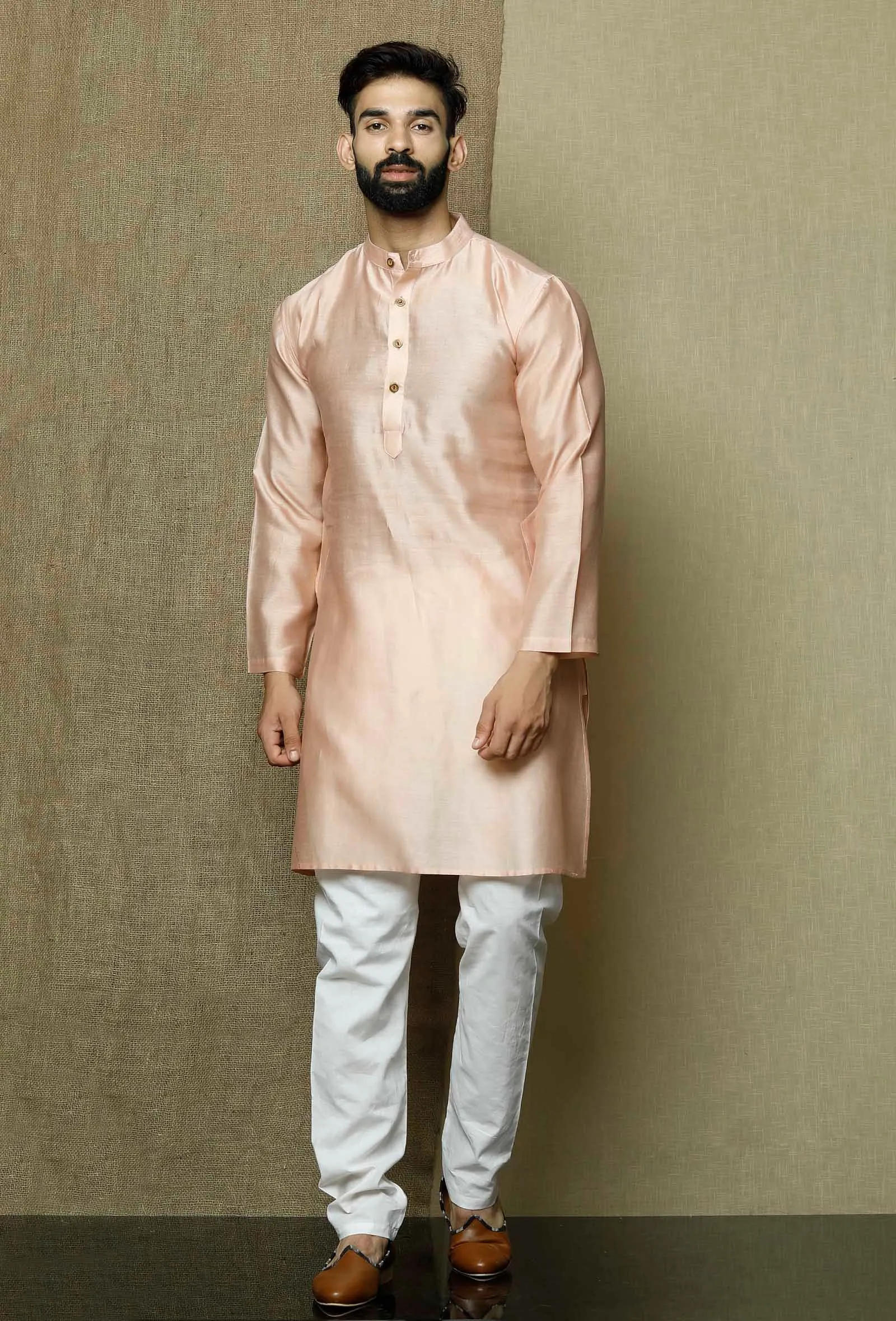 Set of 2:Muted Salmon Pink Pure Banarasi Silk Chanderi Kurta with Contrasting Cotton White Pyjama