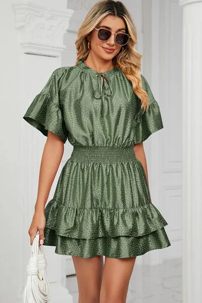 Smocked Tie Neck Flounce Sleeve Dress