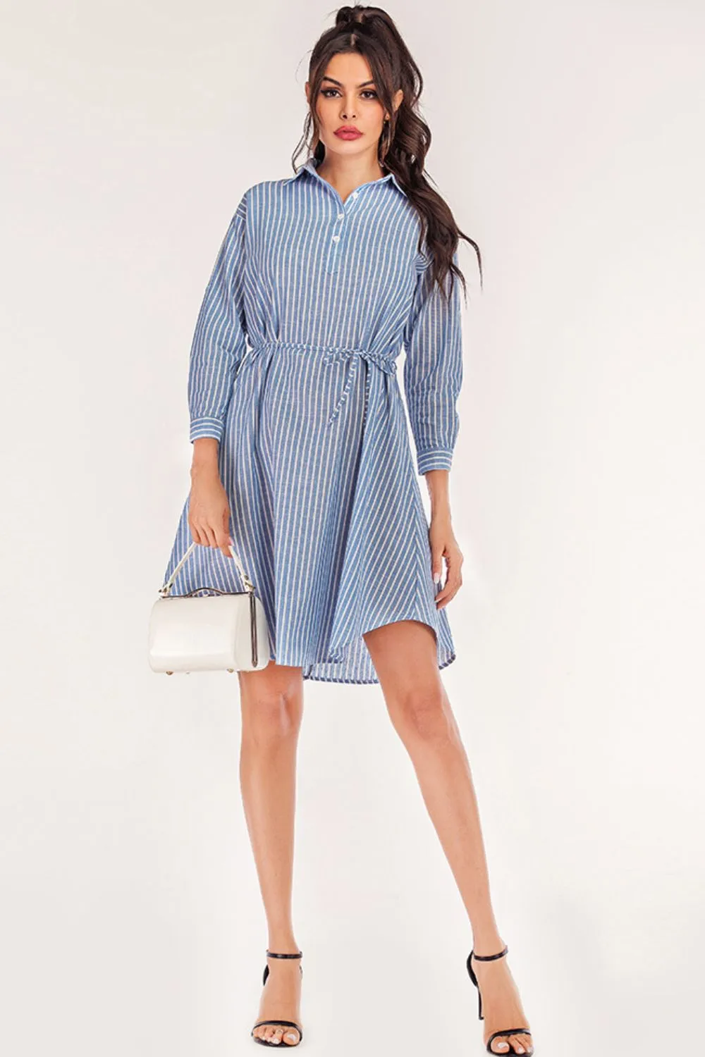 Striped Quarter-Button Roll-Tab Sleeve Shirt Dress