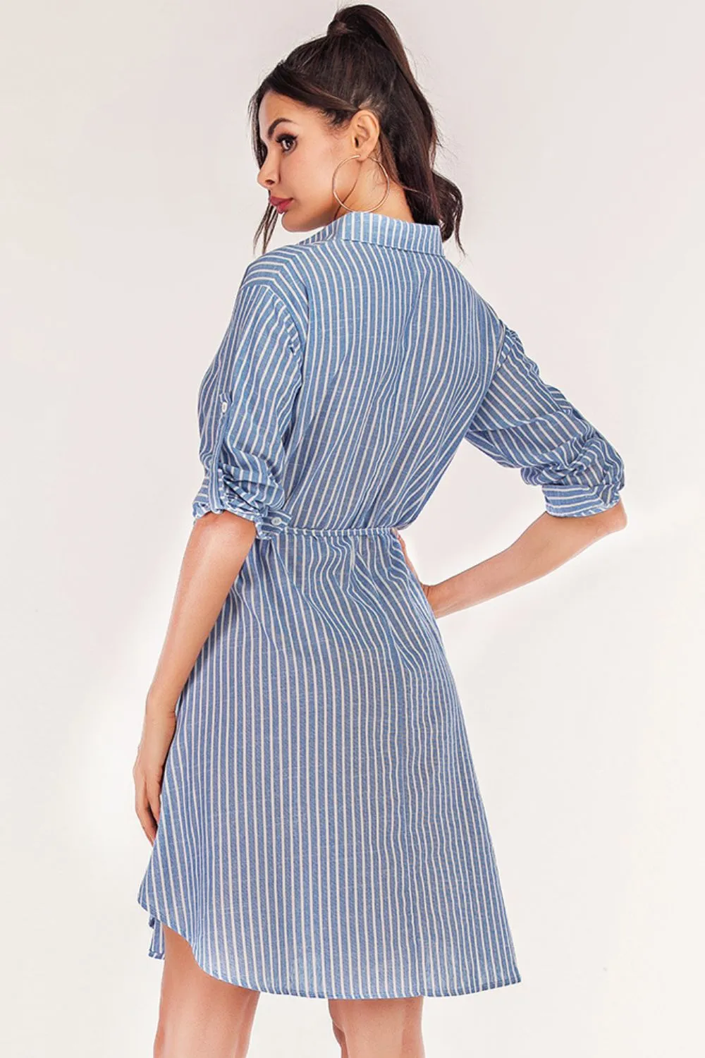 Striped Quarter-Button Roll-Tab Sleeve Shirt Dress