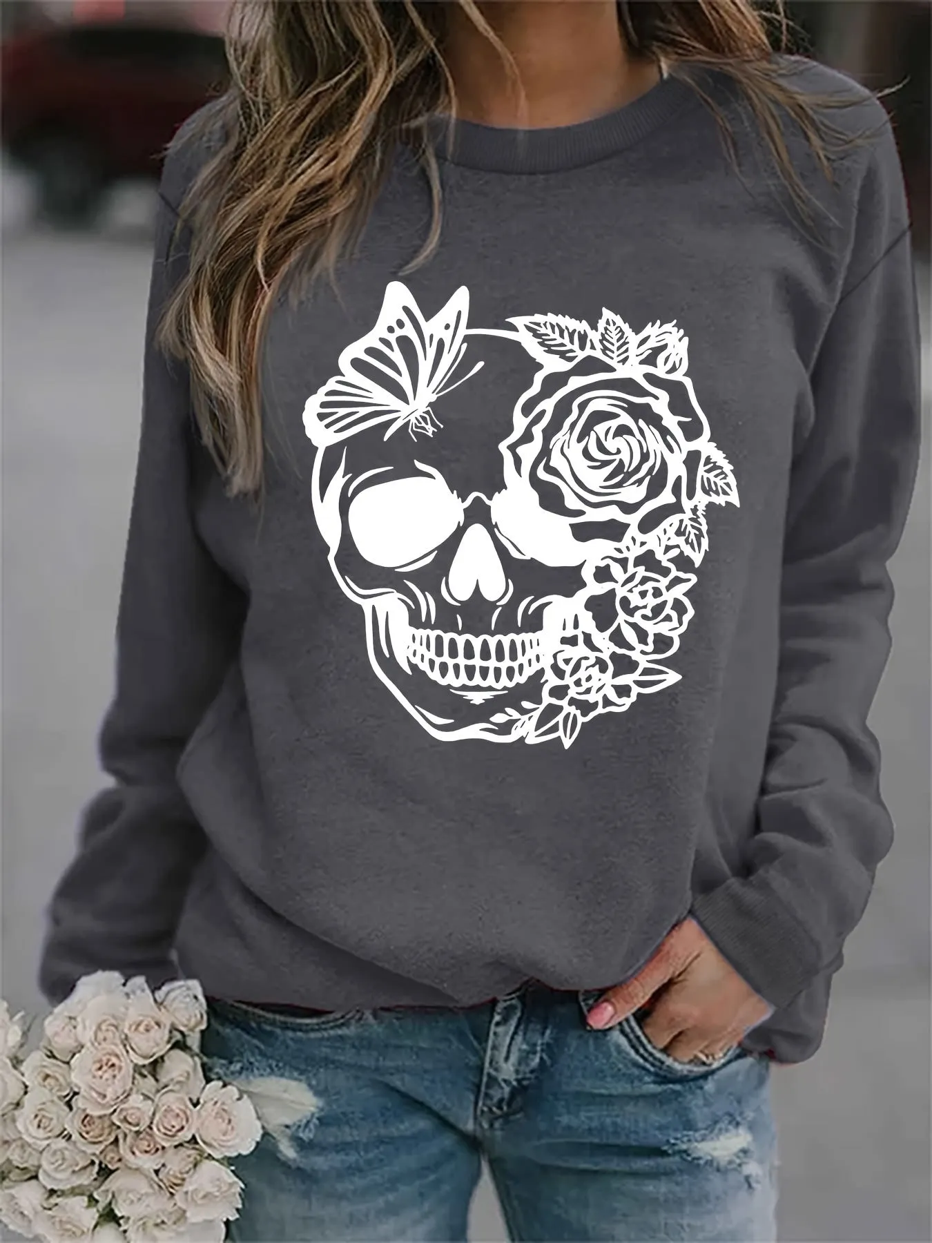 Trendy Rose Skull Graphic Loose Fit Sweatshirt - Soft, Casual, Long Sleeve Crew Neck Design, Women's Fashion Clothing for Everyday Wear