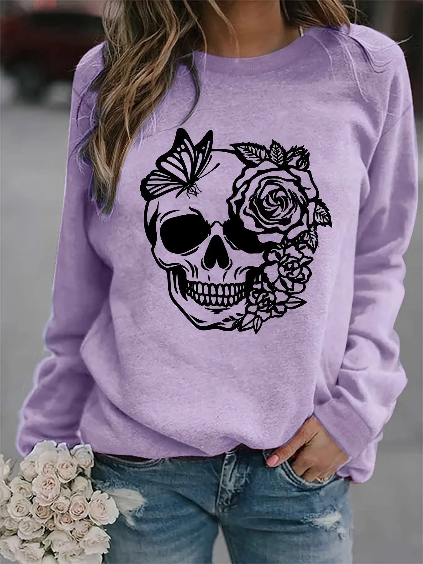 Trendy Rose Skull Graphic Loose Fit Sweatshirt - Soft, Casual, Long Sleeve Crew Neck Design, Women's Fashion Clothing for Everyday Wear