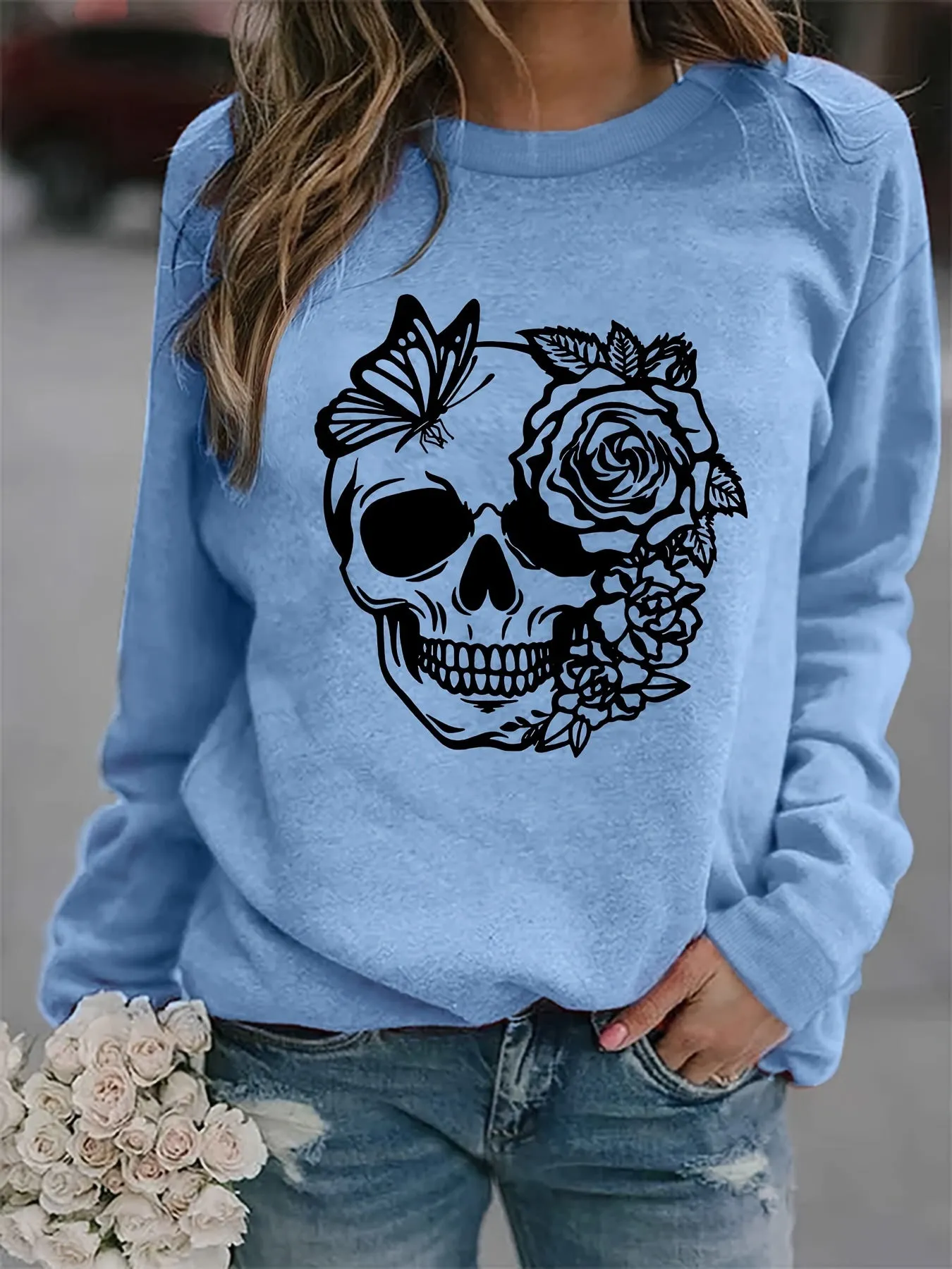 Trendy Rose Skull Graphic Loose Fit Sweatshirt - Soft, Casual, Long Sleeve Crew Neck Design, Women's Fashion Clothing for Everyday Wear