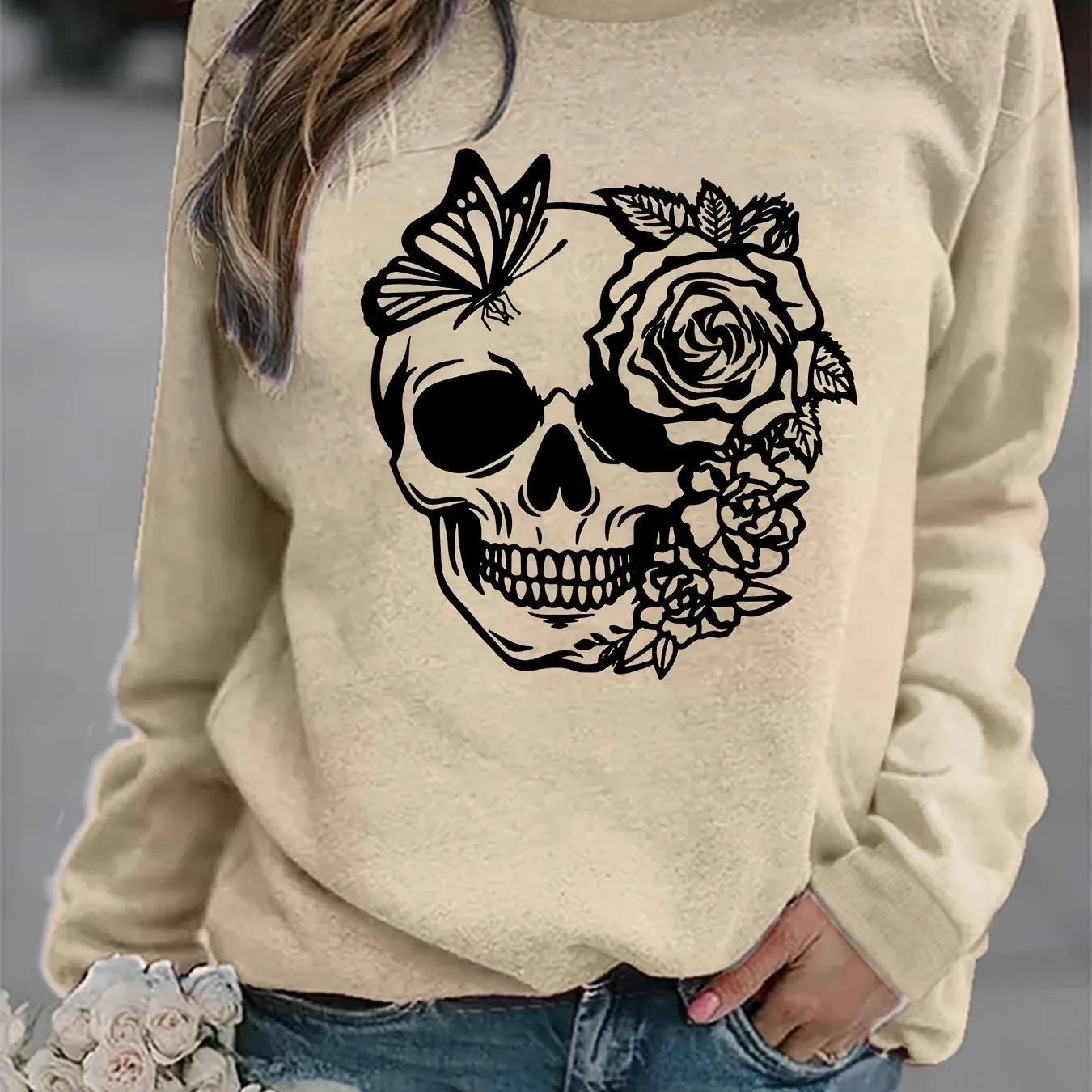 Trendy Rose Skull Graphic Loose Fit Sweatshirt - Soft, Casual, Long Sleeve Crew Neck Design, Women's Fashion Clothing for Everyday Wear