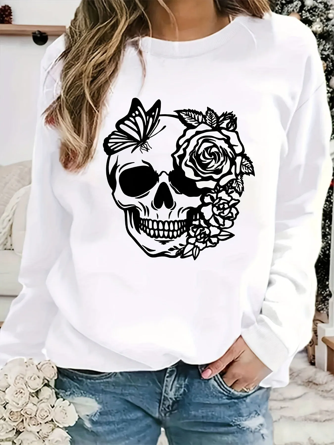 Trendy Rose Skull Graphic Loose Fit Sweatshirt - Soft, Casual, Long Sleeve Crew Neck Design, Women's Fashion Clothing for Everyday Wear