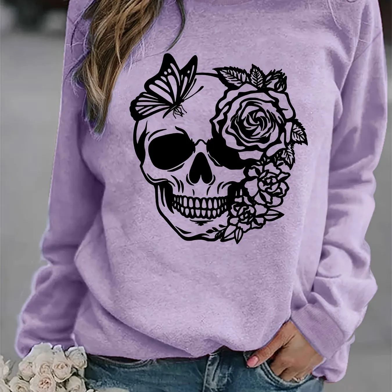 Trendy Rose Skull Graphic Loose Fit Sweatshirt - Soft, Casual, Long Sleeve Crew Neck Design, Women's Fashion Clothing for Everyday Wear