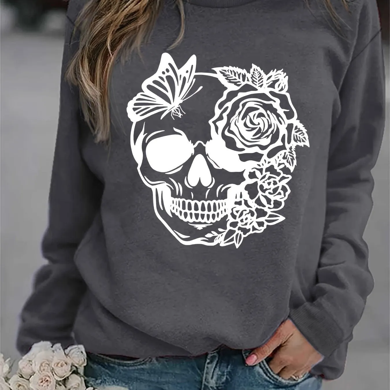 Trendy Rose Skull Graphic Loose Fit Sweatshirt - Soft, Casual, Long Sleeve Crew Neck Design, Women's Fashion Clothing for Everyday Wear