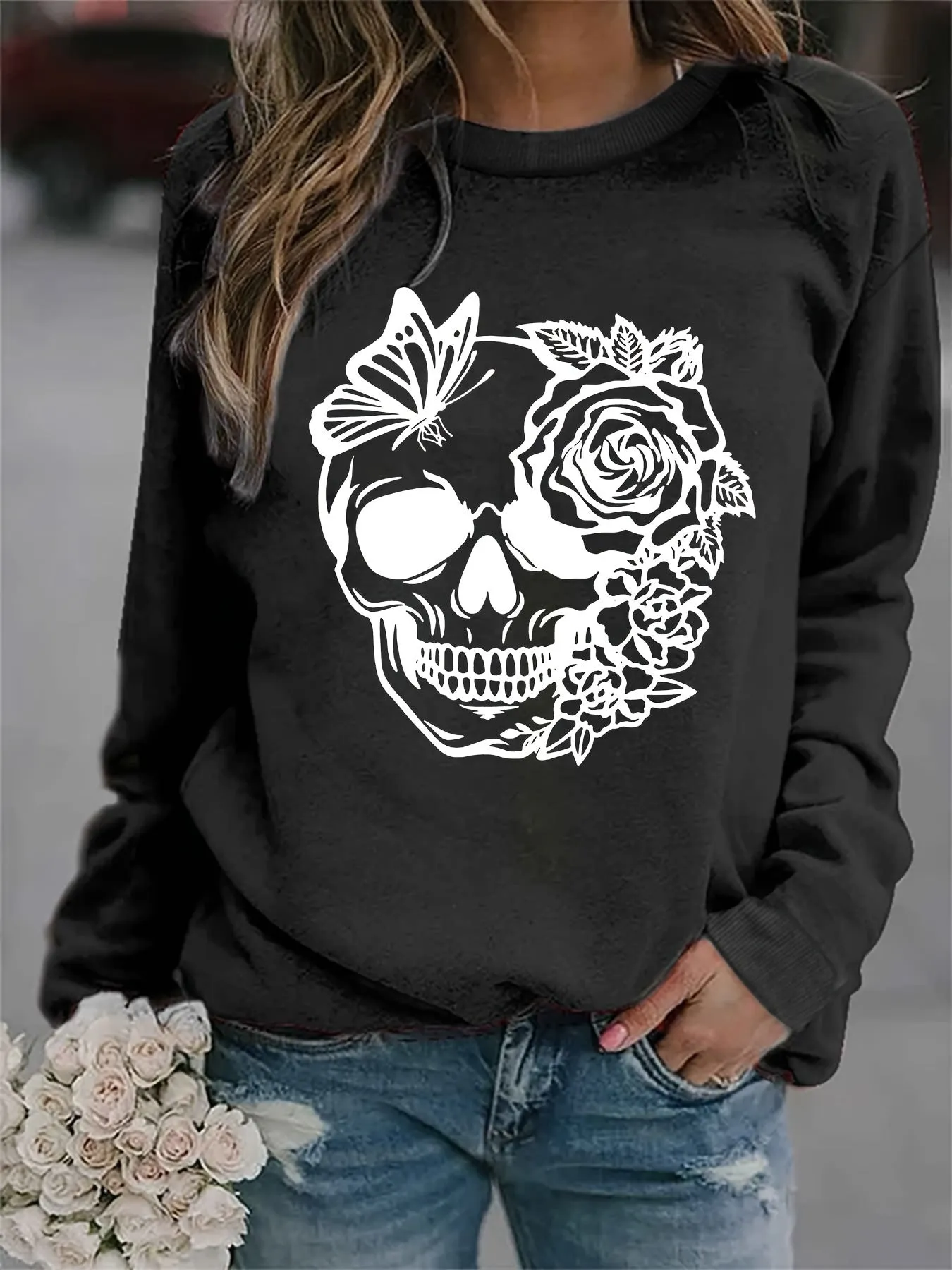 Trendy Rose Skull Graphic Loose Fit Sweatshirt - Soft, Casual, Long Sleeve Crew Neck Design, Women's Fashion Clothing for Everyday Wear