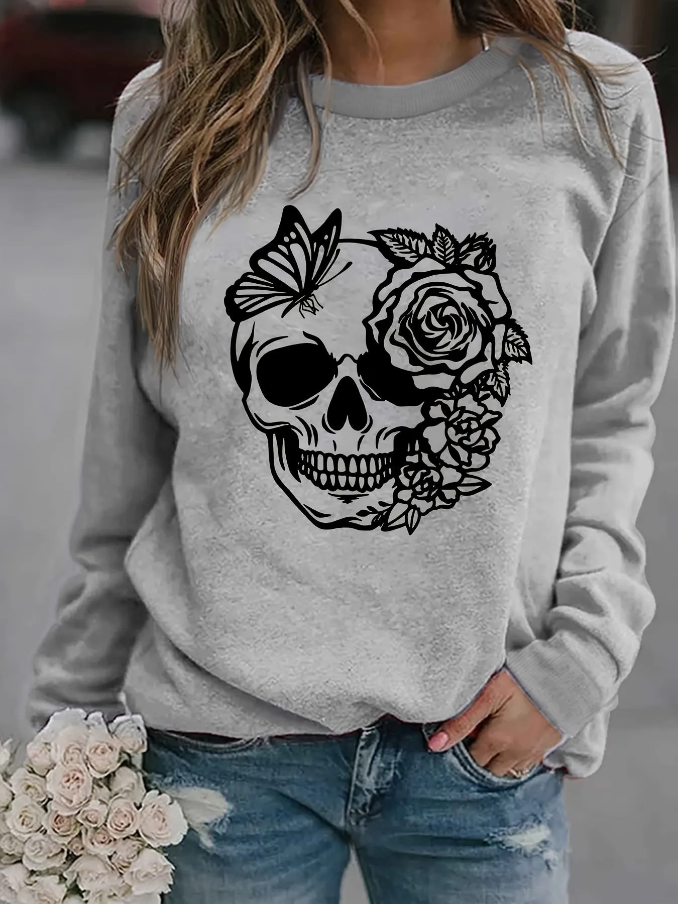 Trendy Rose Skull Graphic Loose Fit Sweatshirt - Soft, Casual, Long Sleeve Crew Neck Design, Women's Fashion Clothing for Everyday Wear